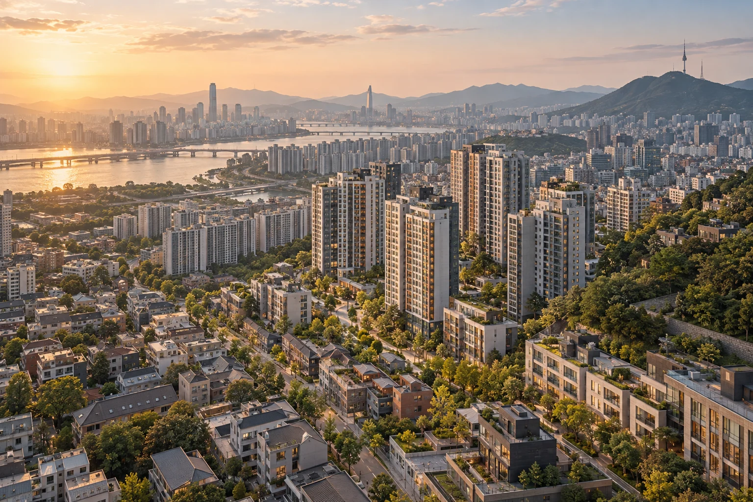 AI-generated aerial view of a fictional Korean residential neighborhood